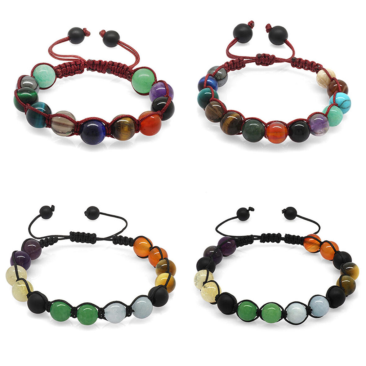 Makrome Örgülü Küre Kesim Multicolor Doğaltaş Kombinli Aile Başarı Bilekliği(4'lü Set)
