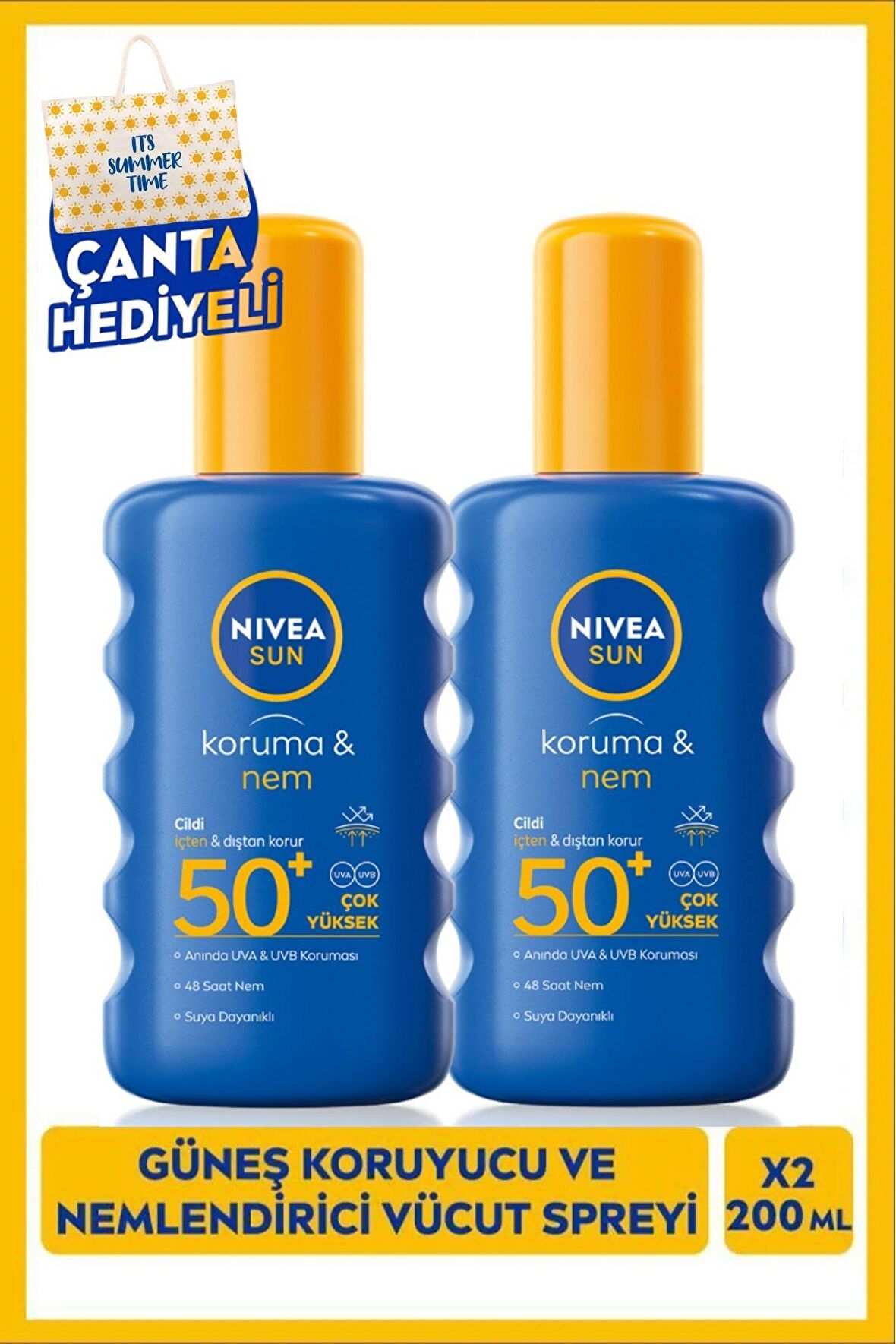 SUN Güneş Koruyucu Ve Nemlendirici Vücut Spreyi 200ml, SPF50 UVA UVB Koruması, X2Adet, Çanta Hediye