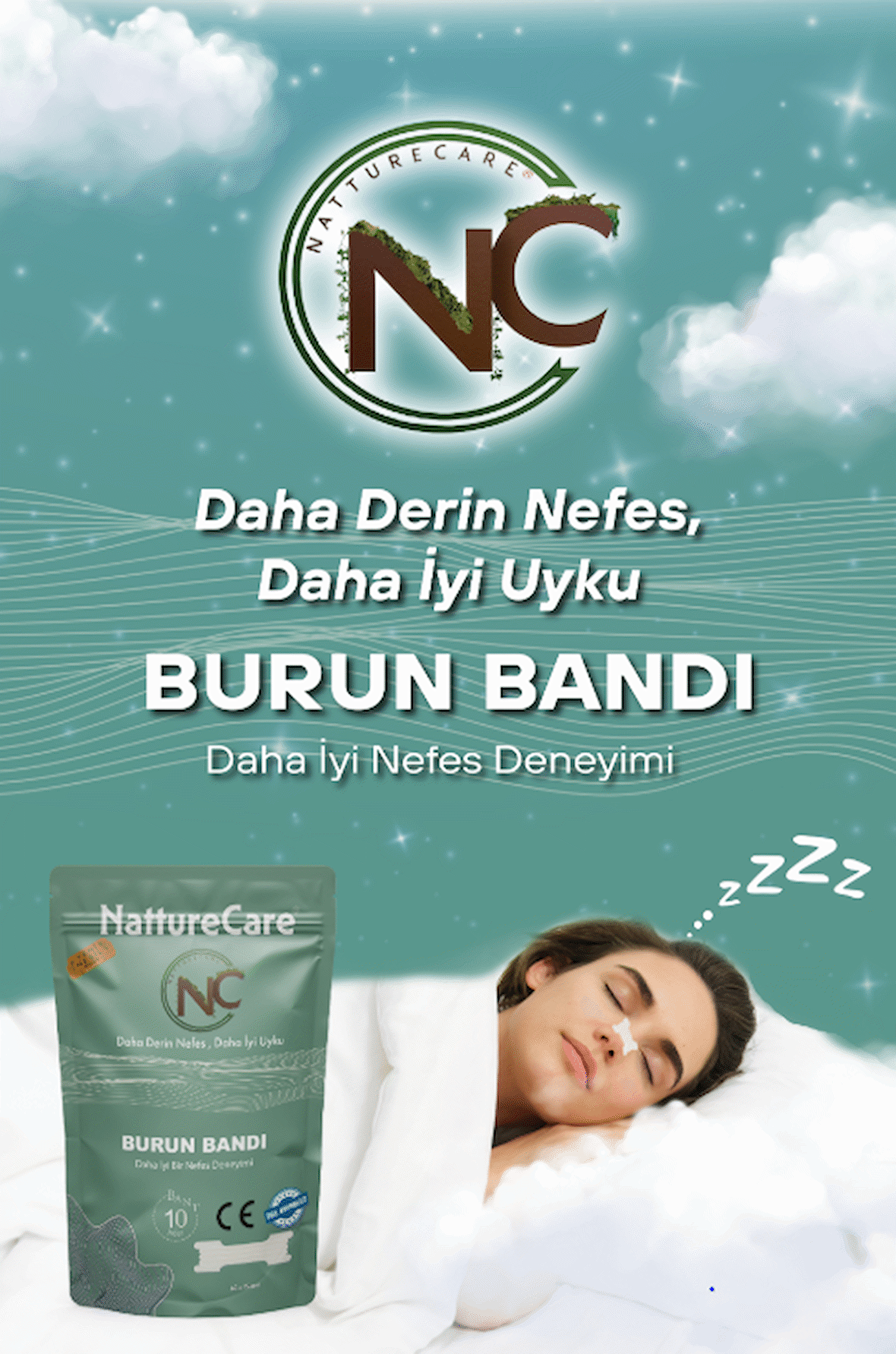 NattureCare Yeni Nesil Nefes Almaya Yardımcı Ve Horlamayı Azaltan Burun Bandı 10'Lu 60*22 SEFFAF