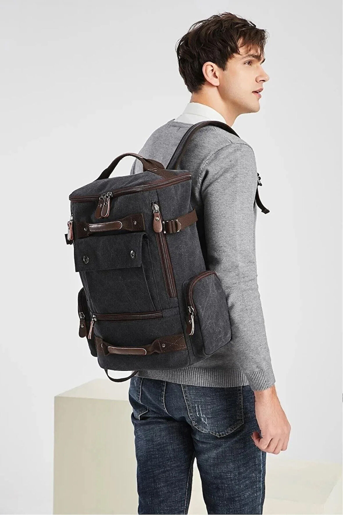 Siyah Unısex Kanvas Sırt Çantası Çok bölmeli