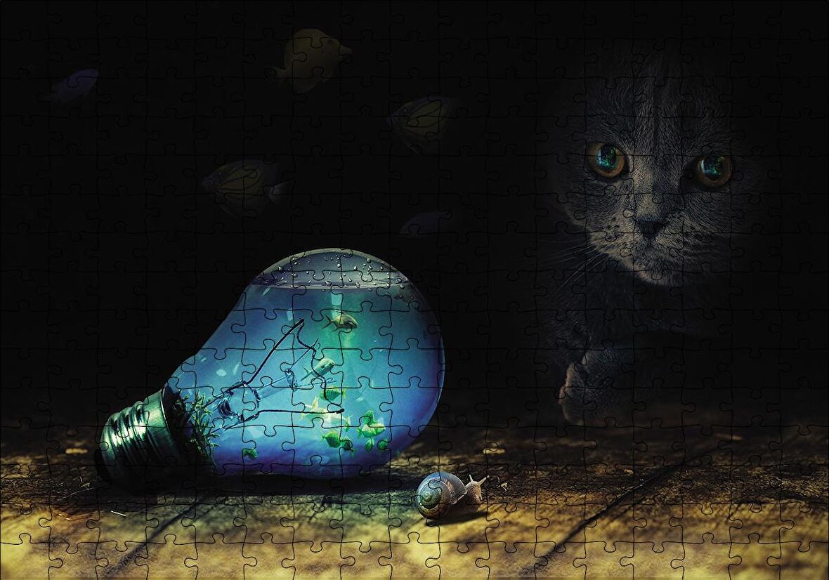 Cakapuzzle  Ampul Balıklar Kedi Mavi Salyangoz Puzzle Yapboz MDF Ahşap