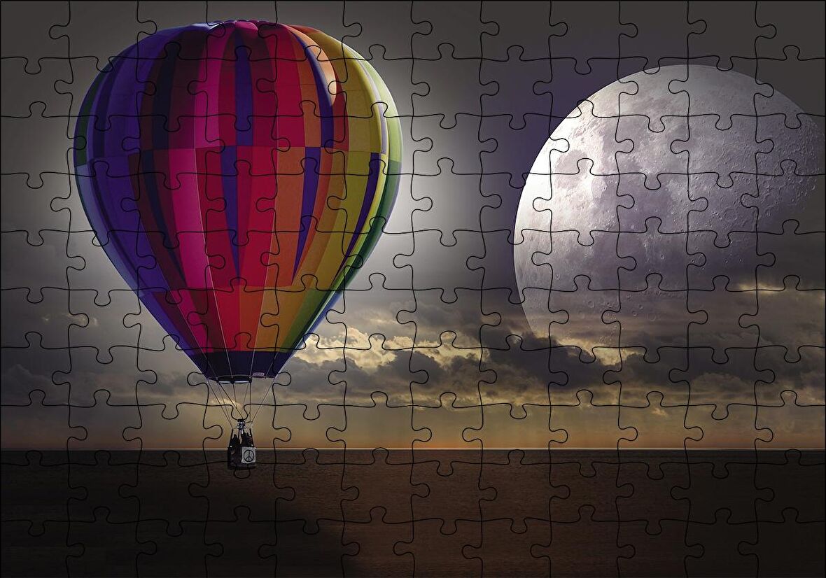 Cakapuzzle  Uçan Balon Ufukta Ay Görseli Puzzle Yapboz MDF Ahşap