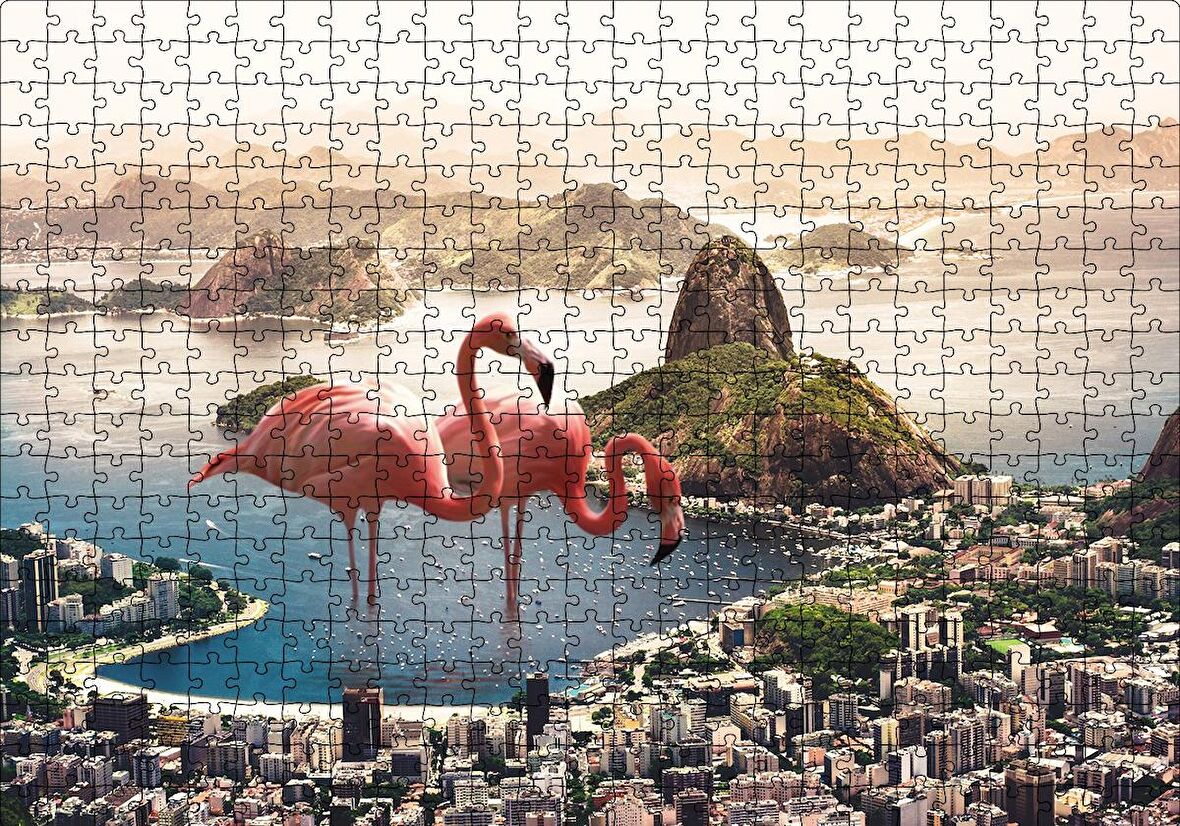 Cakapuzzle  Şehir Deniz Filamingolar Fantastik Puzzle Yapboz MDF Ahşap