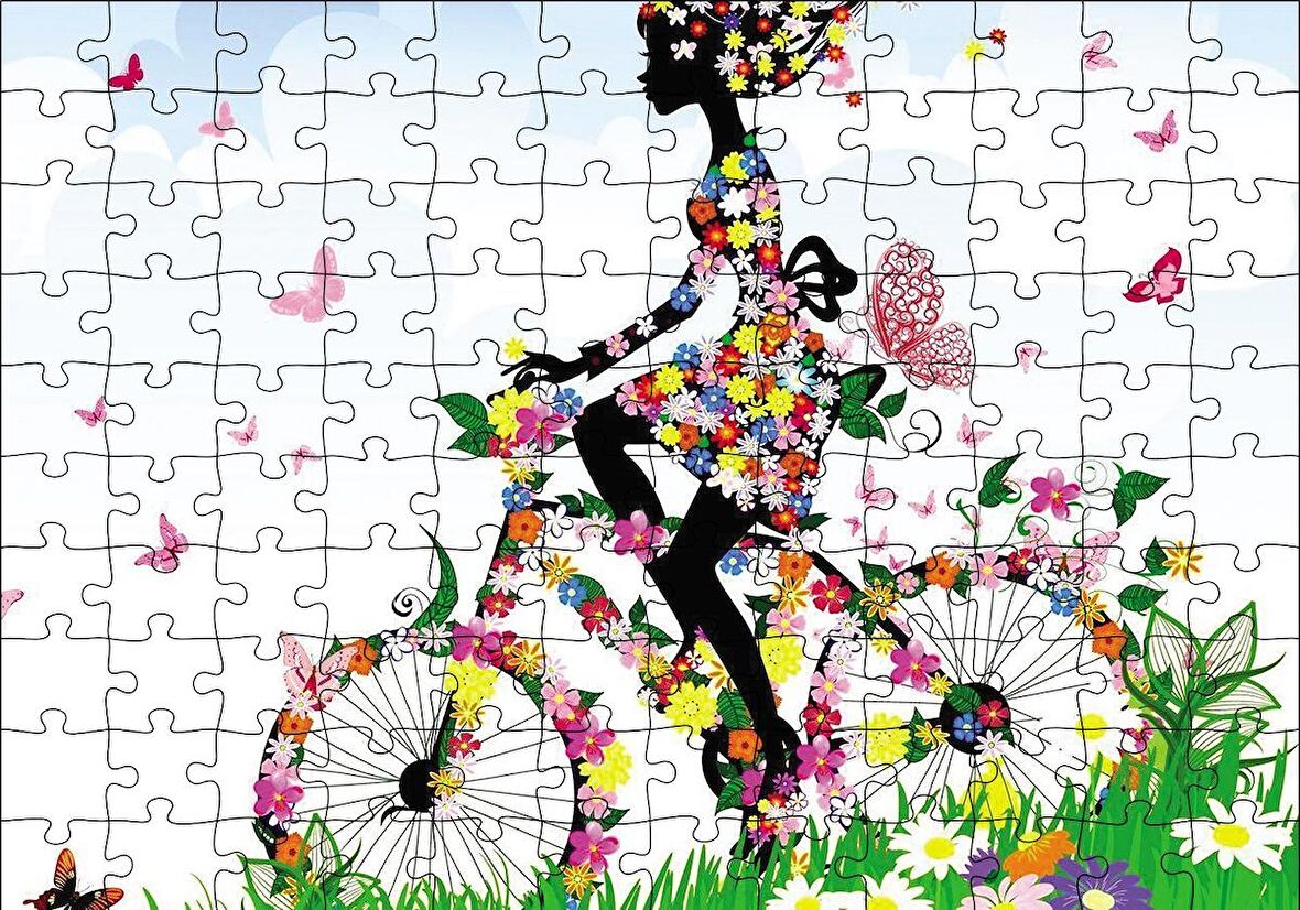 Cakapuzzle  Kelebekler Bisikletli Kız Puzzle Yapboz MDF Ahşap