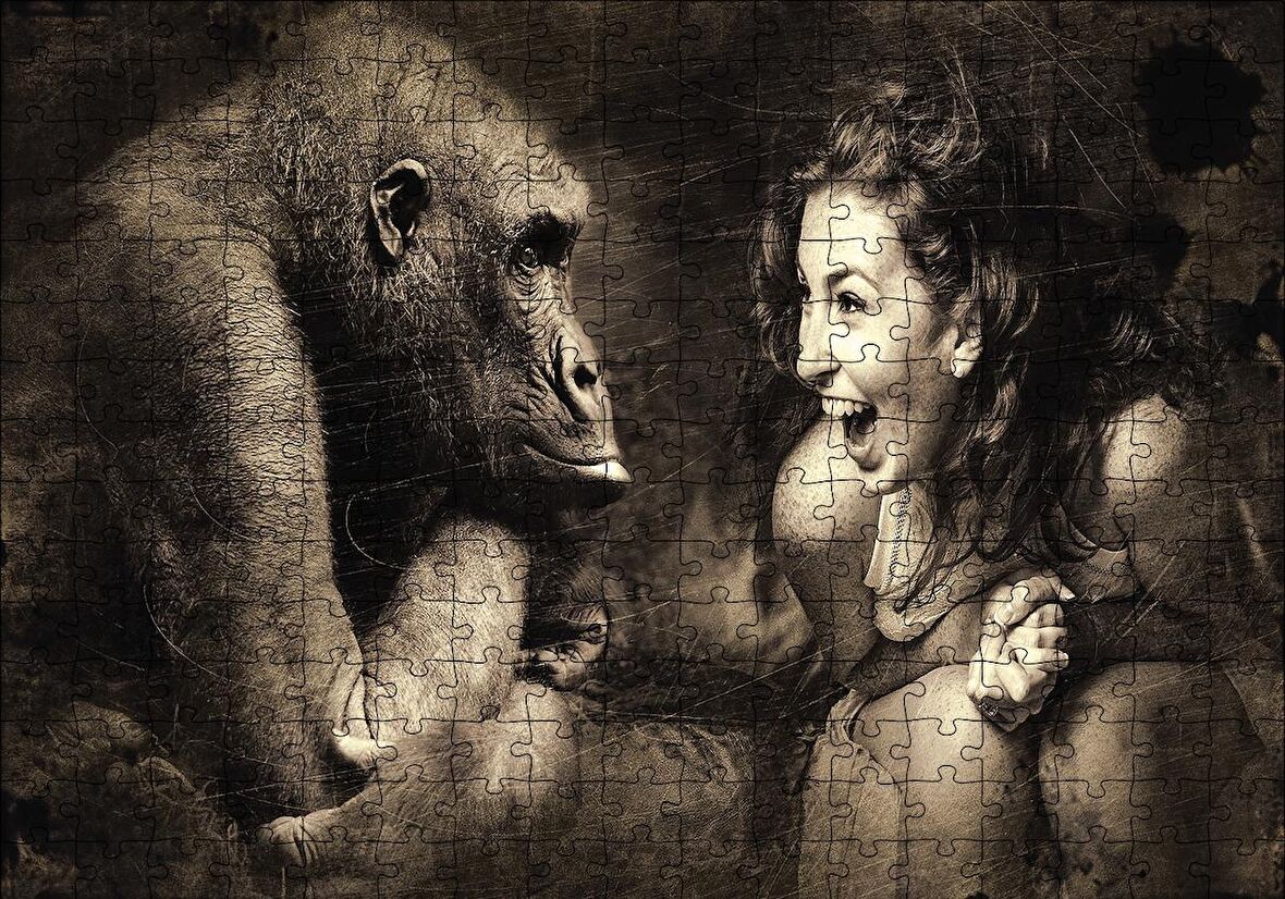 Cakapuzzle  Maymun ve Gülümseyen kKadın Puzzle Yapboz MDF Ahşap