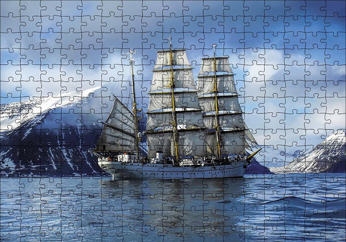Cakapuzzle  Karlı Dağlar Arasında Süzülen Yelkenli Gemi Puzzle Yapboz MDF Ahşap
