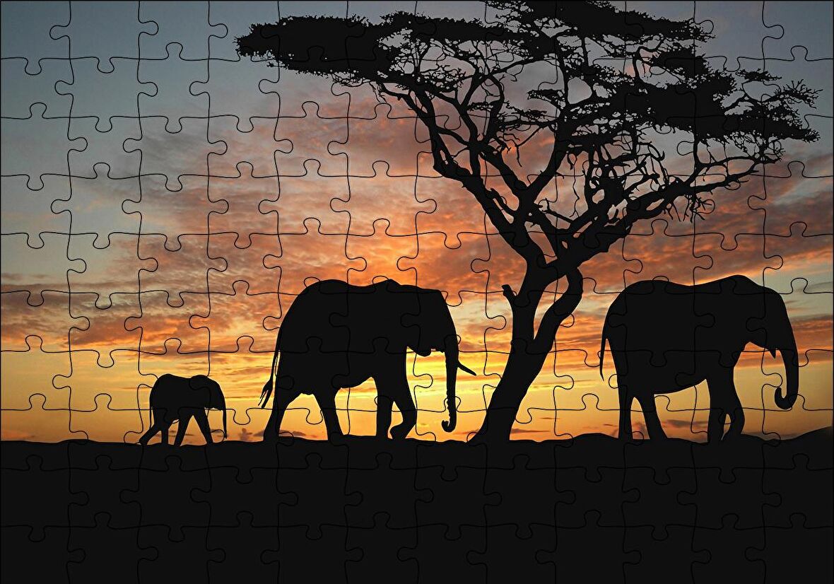 Cakapuzzle  Afrika Günbatımı'nda Filler Puzzle Yapboz MDF Ahşap