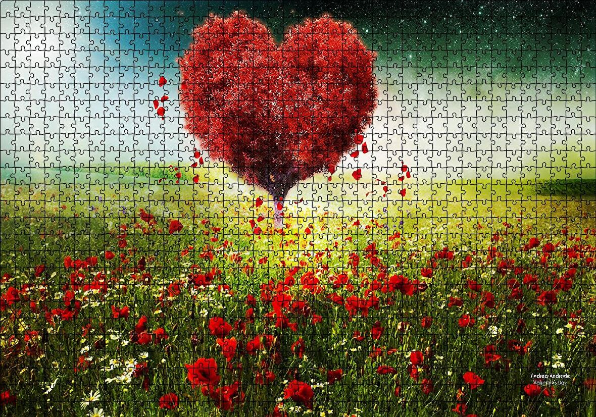 Cakapuzzle  Aşk Kalp Ağaç Çiçekler İlkbahar Puzzle Yapboz MDF Ahşap