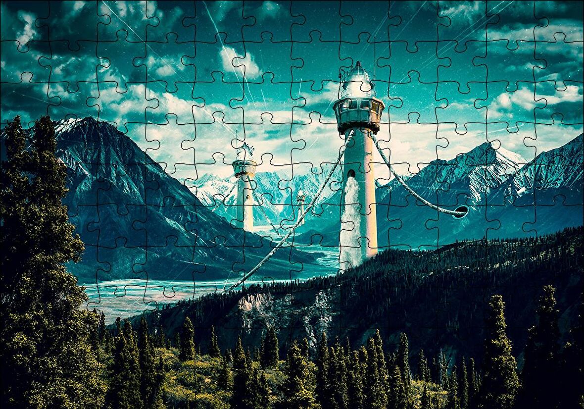 Cakapuzzle  Dağlar ve Deniz Fenerleri İllüstrasyon Puzzle Yapboz MDF Ahşap