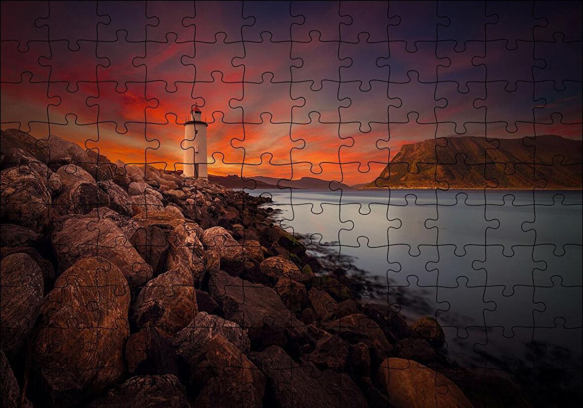Cakapuzzle  Deniz Feneri, Alacakaranlık ve Kayalıklar Puzzle Yapboz MDF Ahşap