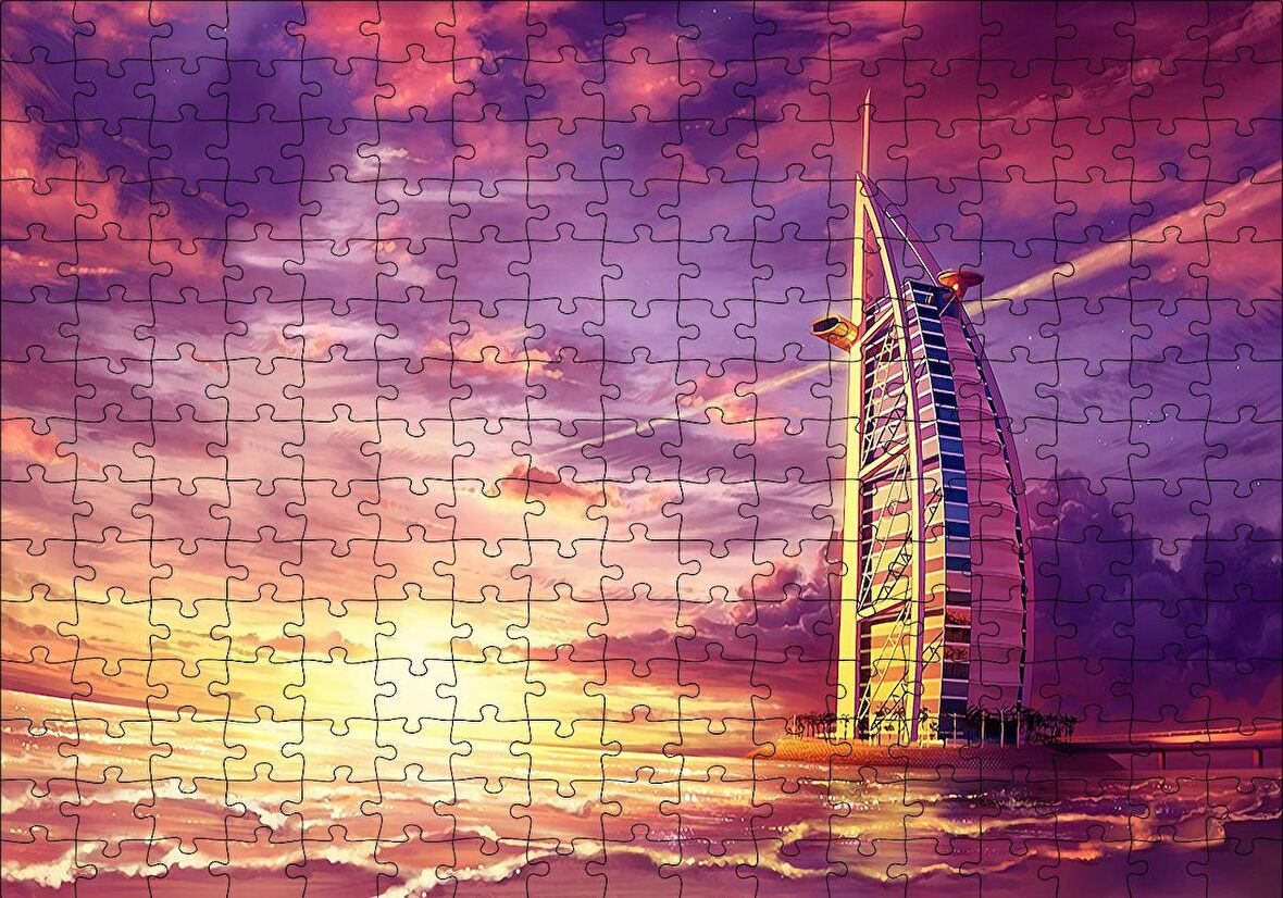 Cakapuzzle  Dubai Burj Al Arab Günbatımı ve Mor Gökler Puzzle Yapboz MDF Ahşap