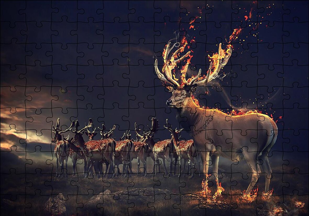Cakapuzzle  Gece ve Geyikler İllüstrasyon Puzzle Yapboz MDF Ahşap