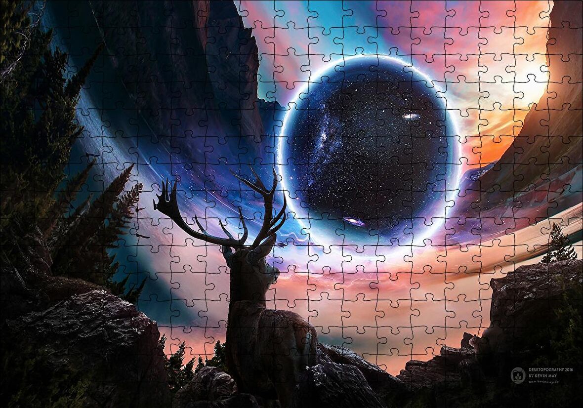 Cakapuzzle  Geyik Gezegen Dağlar Fantezik Kompozisyon Puzzle Yapboz MDF Ahşap