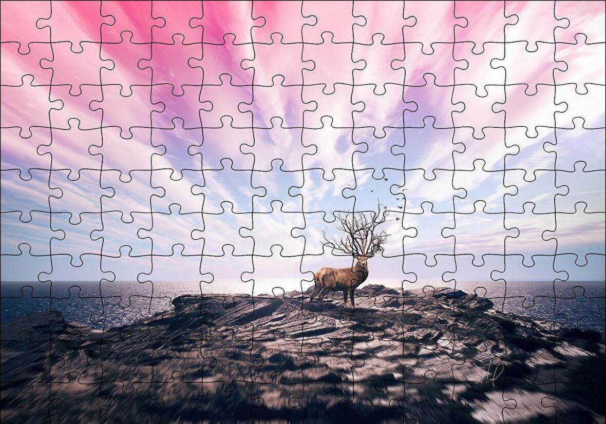 Cakapuzzle  Geyik Kayalık Deniz Bulutlu Gökler Kompozisyon Puzzle Yapboz MDF Ahşap