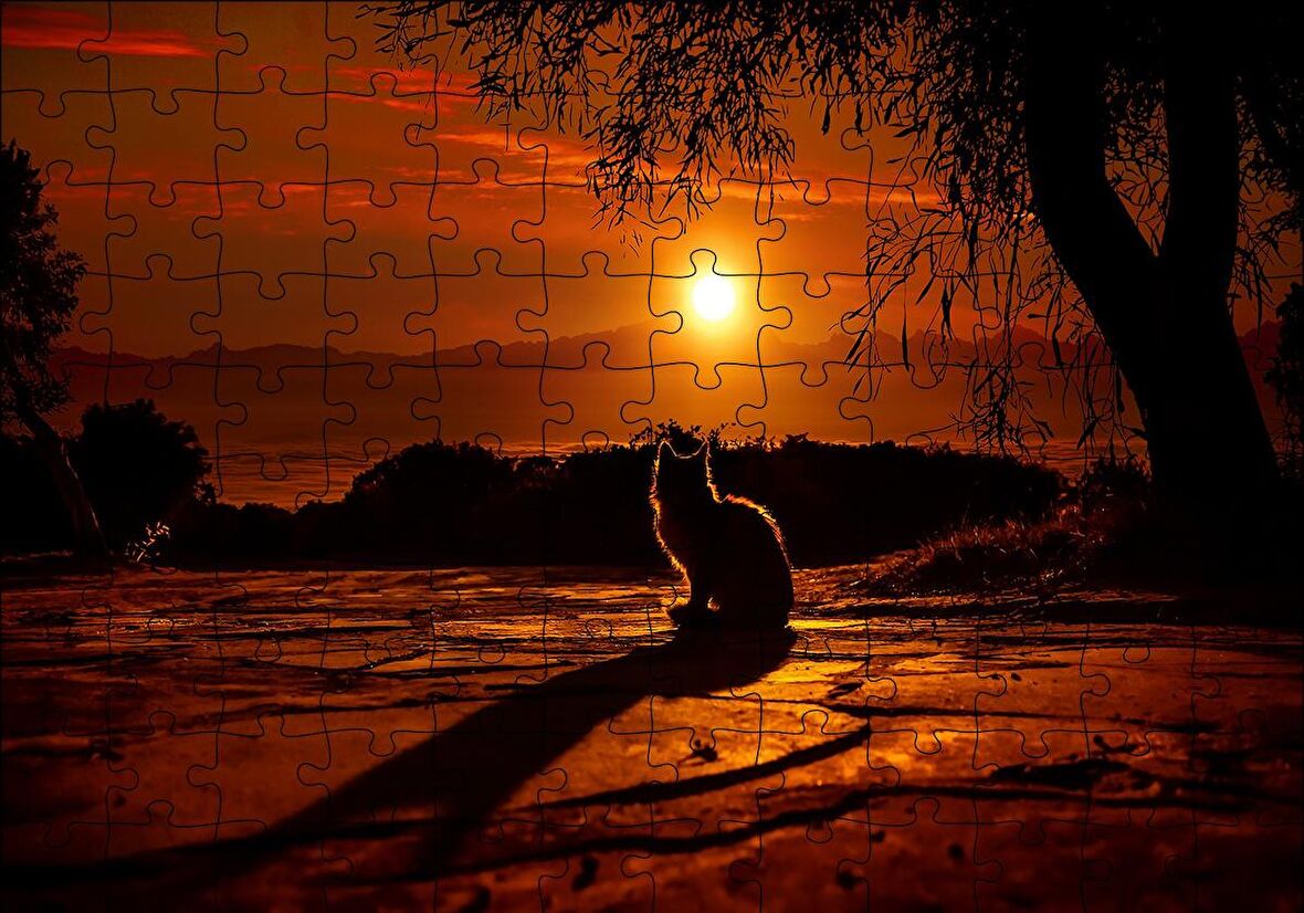 Cakapuzzle  Günbatımında Kedi Silüeti Puzzle Yapboz MDF Ahşap