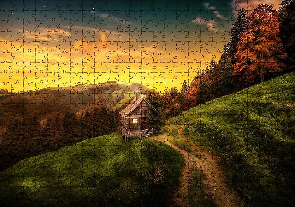 Cakapuzzle  İsviçre Orman Manzaralı Dağ Evi Puzzle Yapboz MDF Ahşap