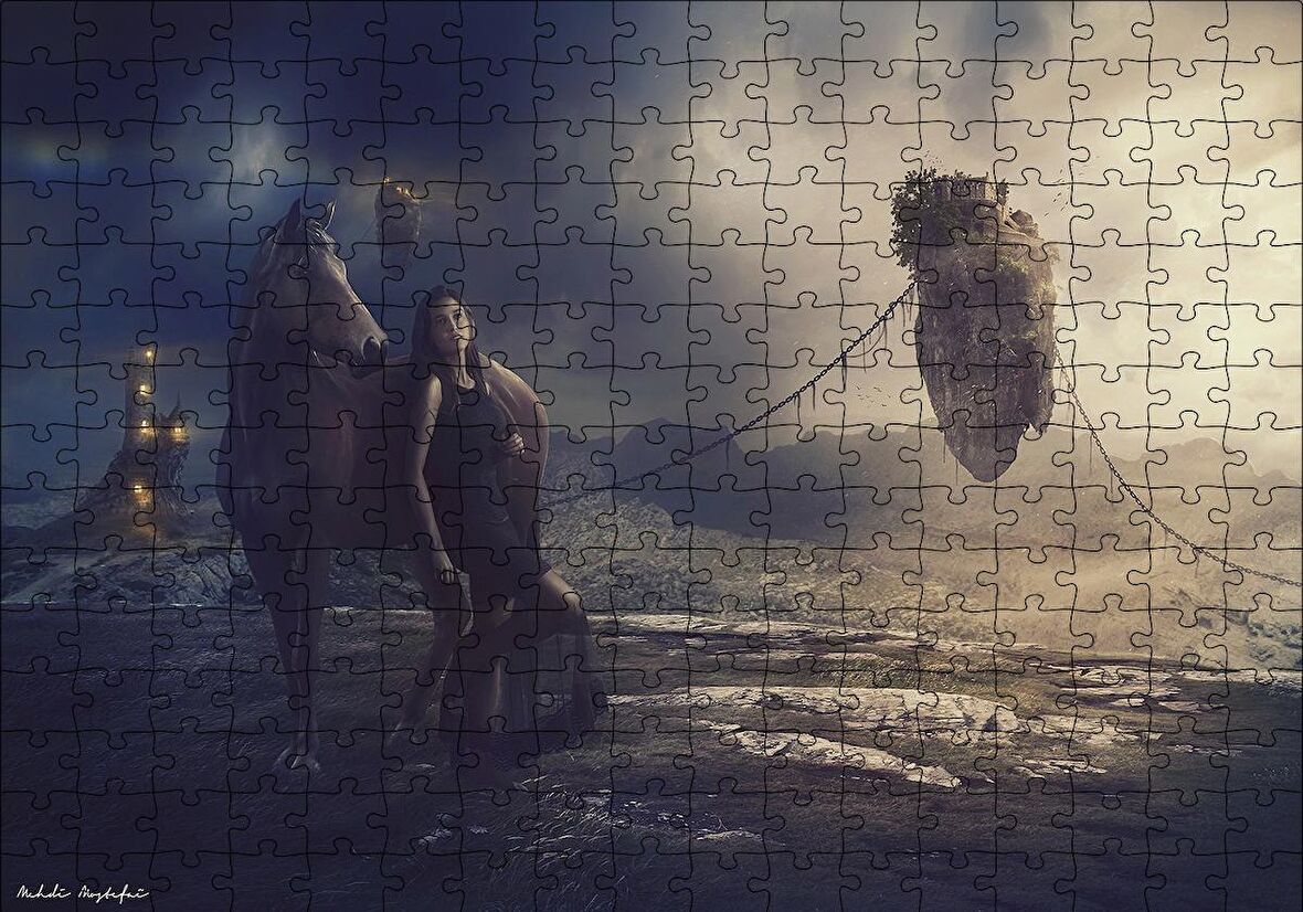 Cakapuzzle  Kale, Yüzen Kayalık, Kız ve At Puzzle Yapboz MDF Ahşap