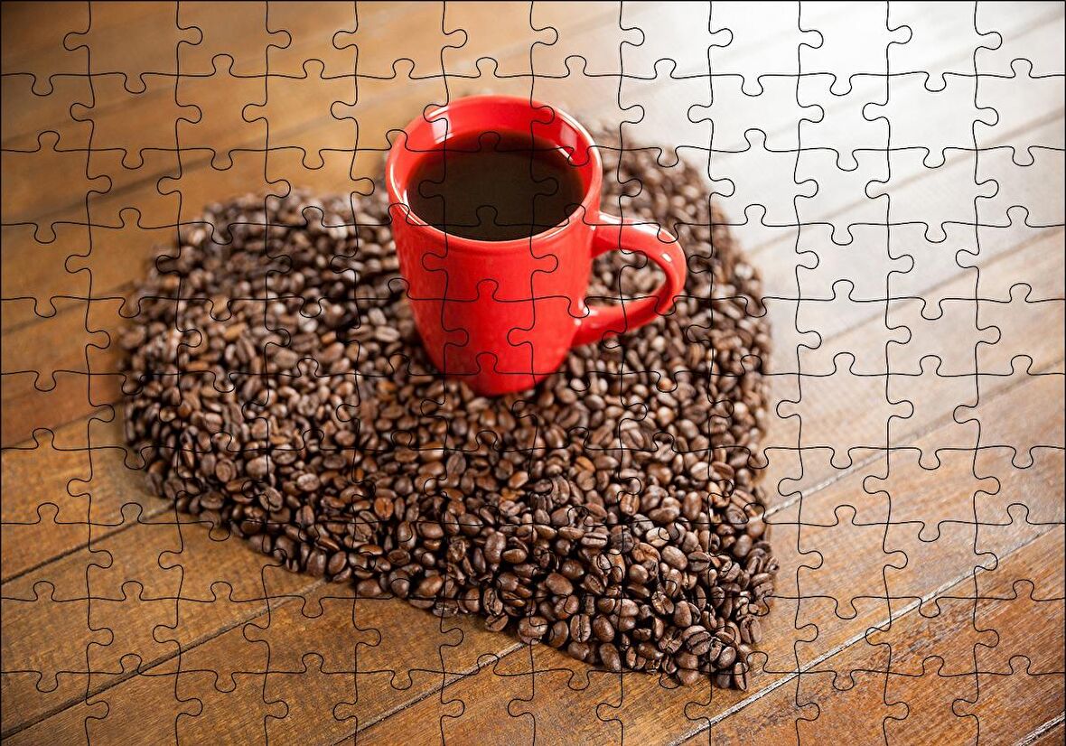 Cakapuzzle  Kalp Şeklinde Kahve Çekirdekleri ve Kırmızı Fincanda Kahve Puzzle Yapboz MDF Ahşap