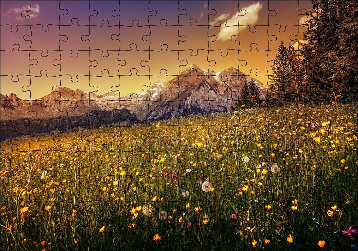 Cakapuzzle  Karlı Zirveler ve Karahindiba Çiçekleri Puzzle Yapboz MDF Ahşap