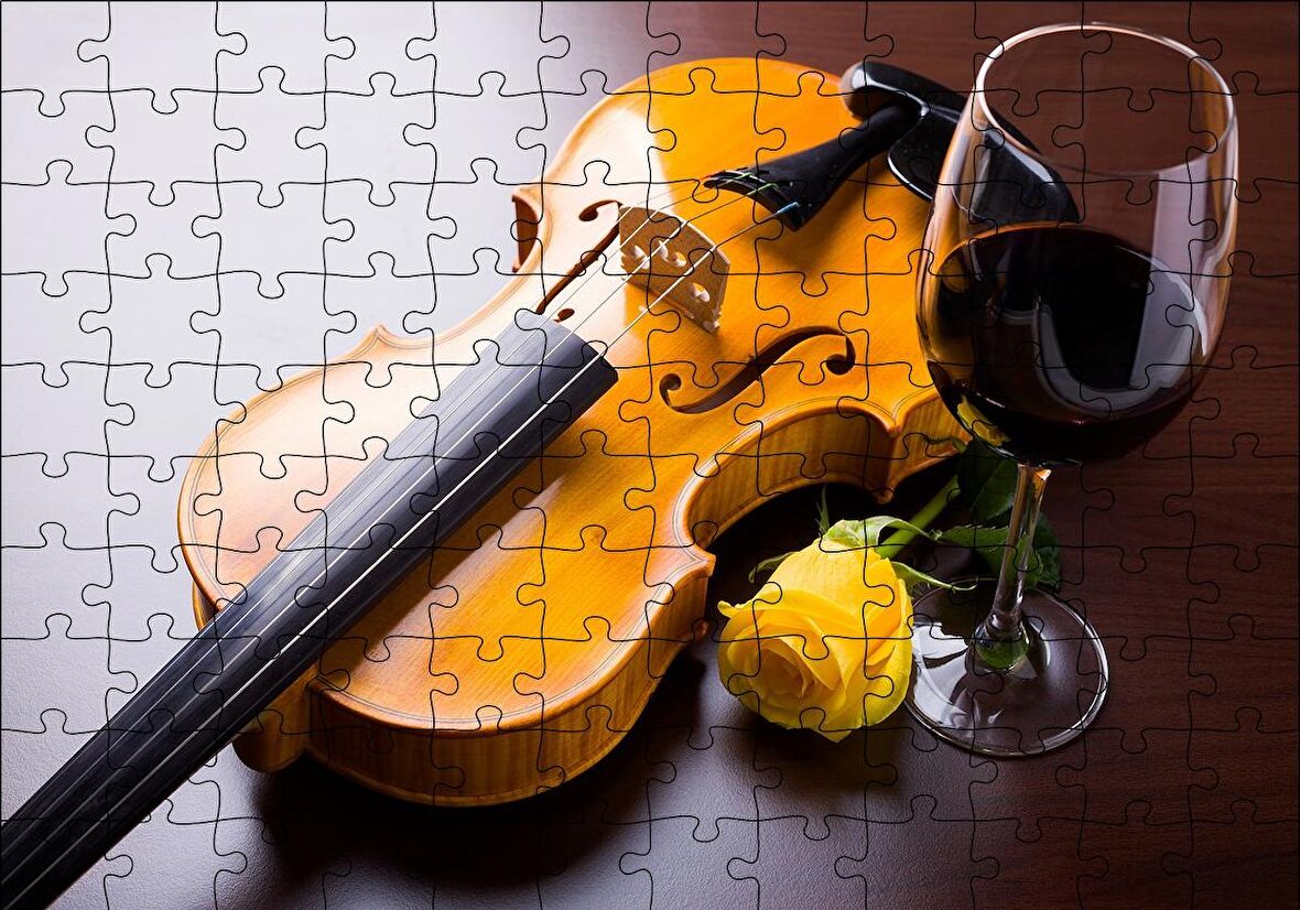 Cakapuzzle  Kırmızı Şarap, Keman ve Sarı Gül Puzzle Yapboz MDF Ahşap