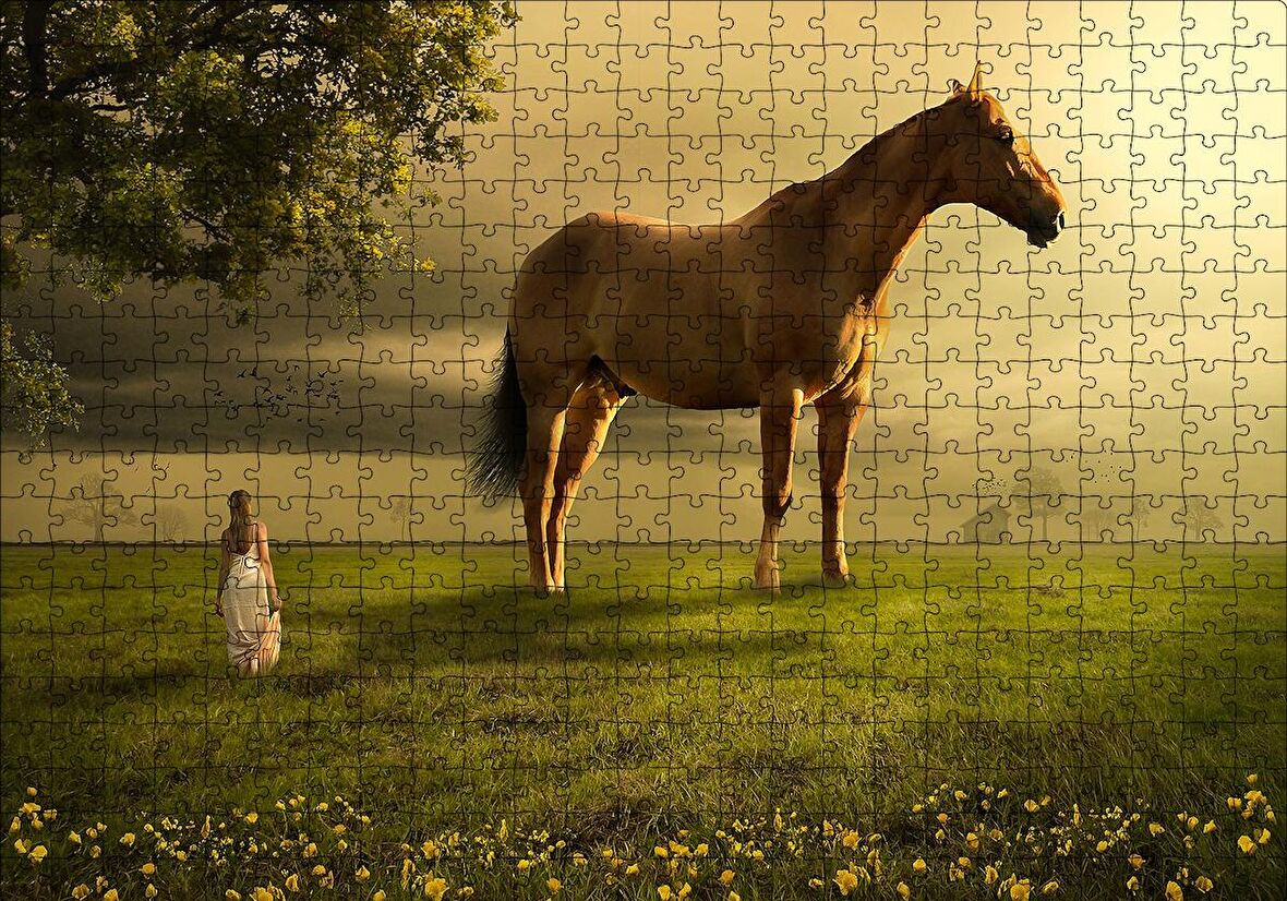 Cakapuzzle  Kız Dev At ve Çayırlar Fantastik İllüstrasyon Puzzle Yapboz MDF Ahşap