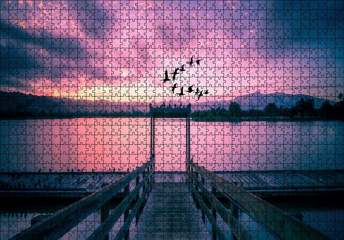 Cakapuzzle  Kızıl Günbatımı Göl ve Turnalar Puzzle Yapboz MDF Ahşap