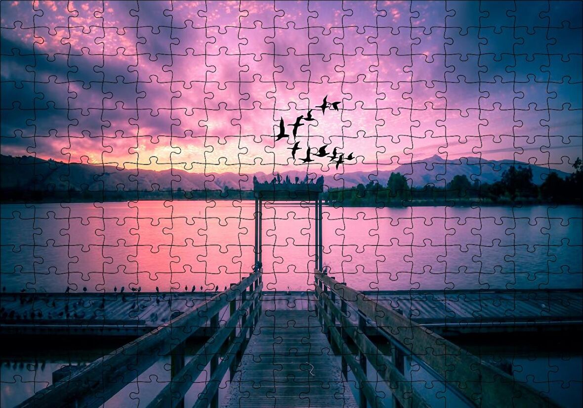Cakapuzzle  Kızıl Günbatımı Göl ve Turnalar Puzzle Yapboz MDF Ahşap