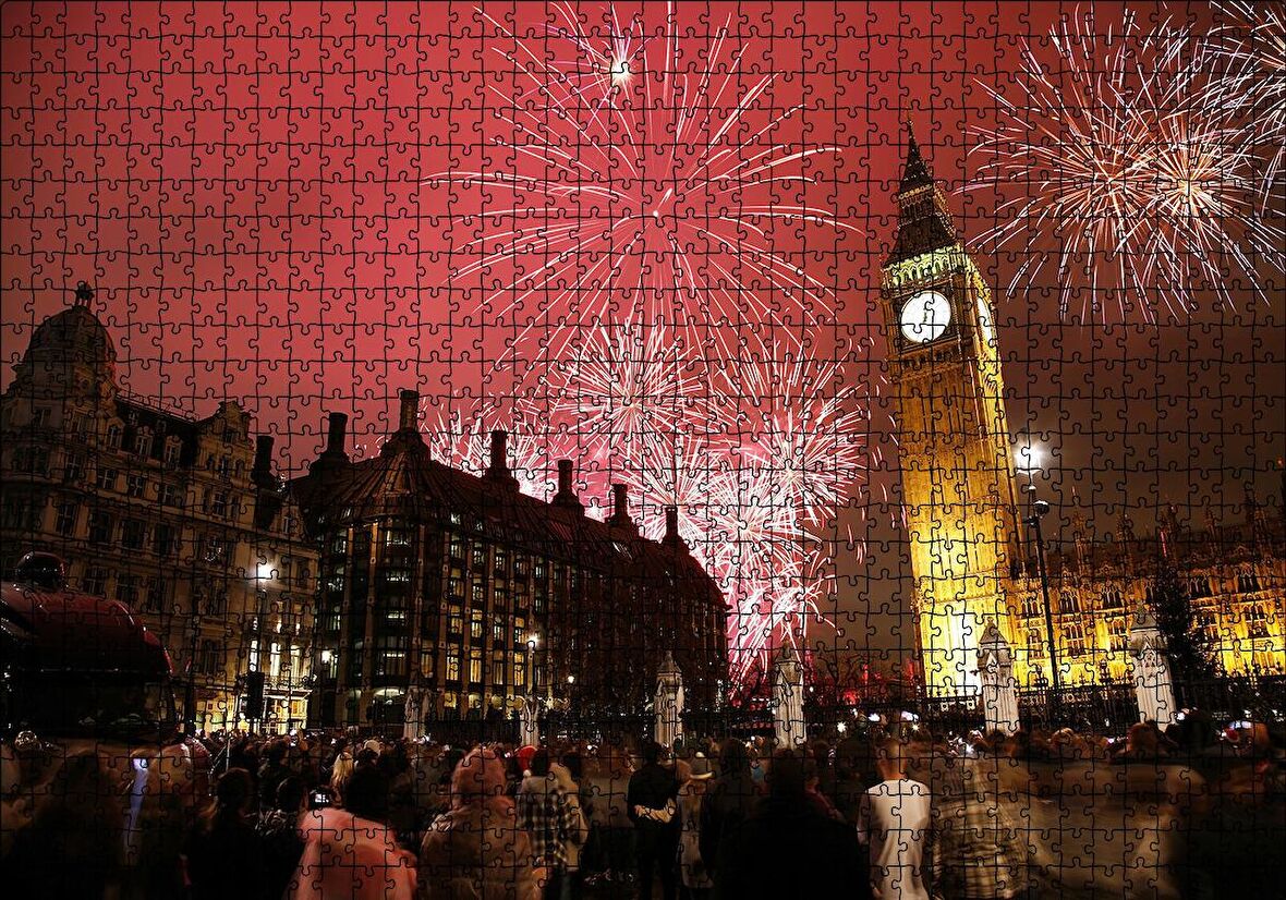 Cakapuzzle  Londra Big Ben Yılbaşı Havai Fişekler Puzzle Yapboz MDF Ahşap
