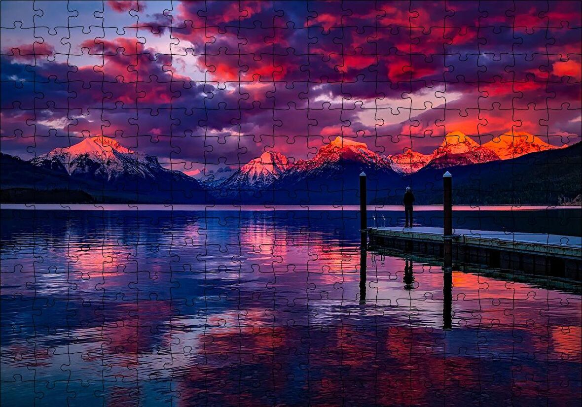 Cakapuzzle  Mor Bulutlar, Gün Batımı, Göl ve İskeledeki Adam Puzzle Yapboz MDF Ahşap