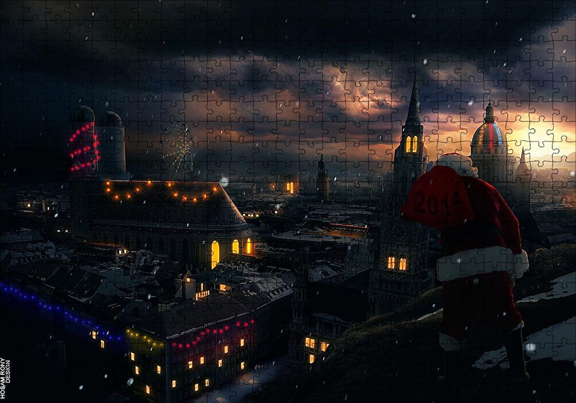 Cakapuzzle  Noel Baba ve Şehrin Gece Manzarası Puzzle Yapboz MDF Ahşap