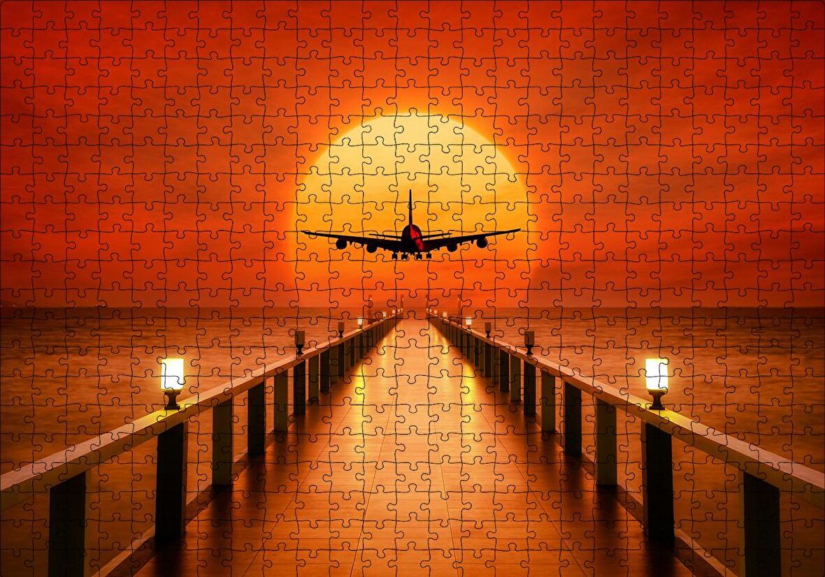 Cakapuzzle  Okyanus İskele Günbatımı ve Uçak Puzzle Yapboz MDF Ahşap