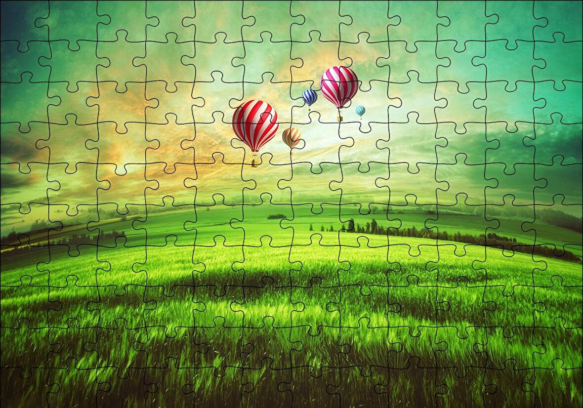 Cakapuzzle  Yeşil Çayırlar ve Sıcak Hava Balonları Puzzle Yapboz MDF Ahşap