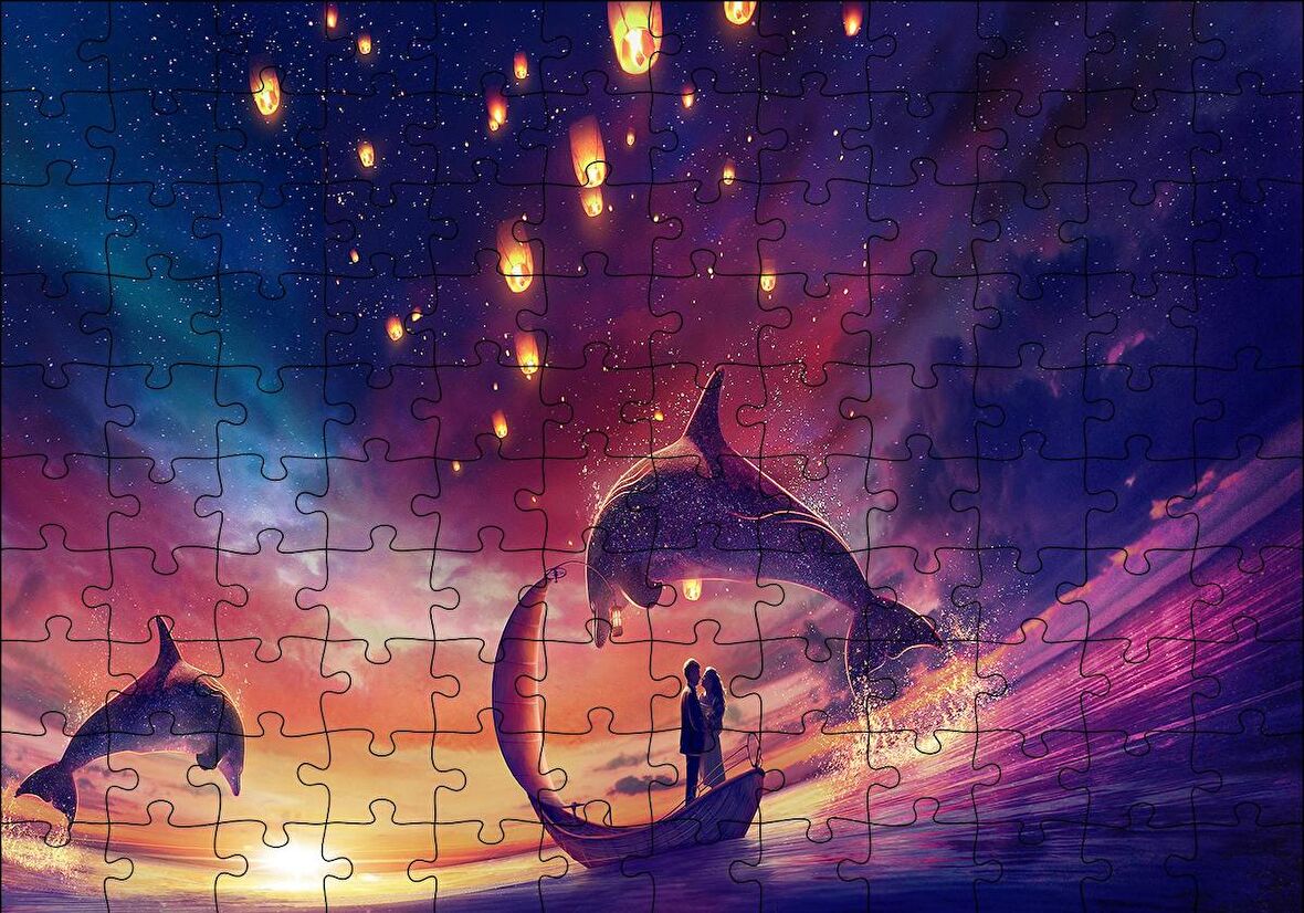 Cakapuzzle  Yunuslar ve Fantastik Sandalda Romantik Çift Puzzle Yapboz MDF Ahşap