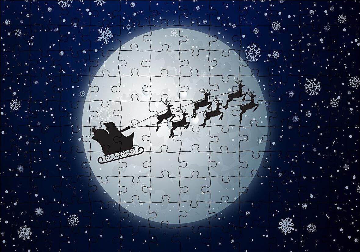 Cakapuzzle  Dolunay Geyikler Kar Taneleri ve Noel Baba Puzzle Yapboz MDF Ahşap