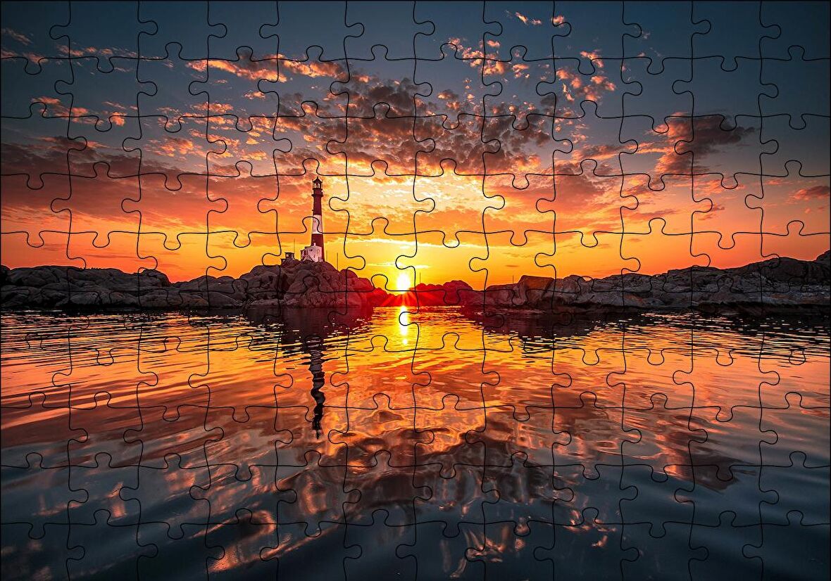 Cakapuzzle  Günbatımı Deniz Feneri Kayalıklar ve Bulutlar Puzzle Yapboz MDF Ahşap