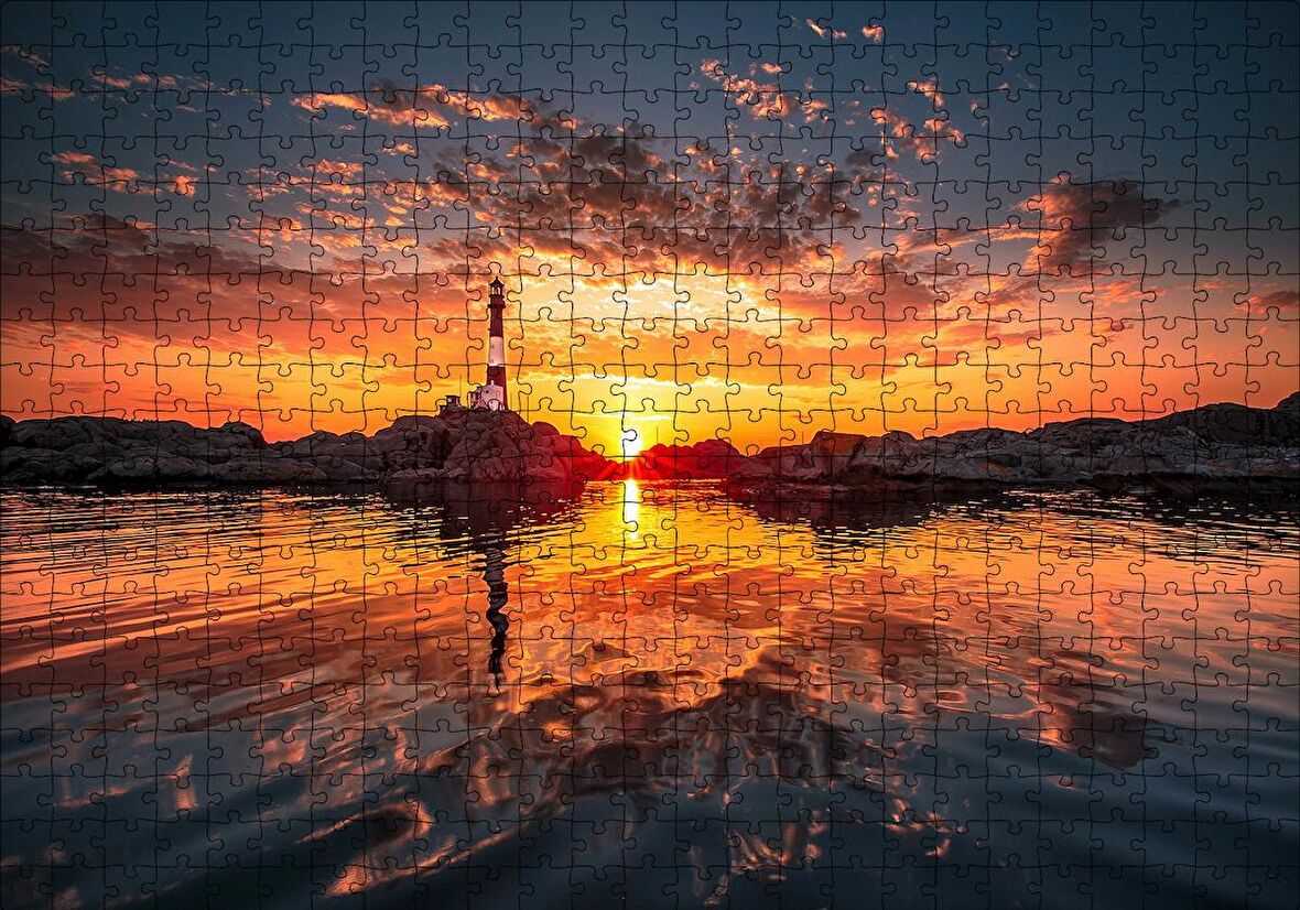 Cakapuzzle  Günbatımı Deniz Feneri Kayalıklar ve Bulutlar Puzzle Yapboz MDF Ahşap