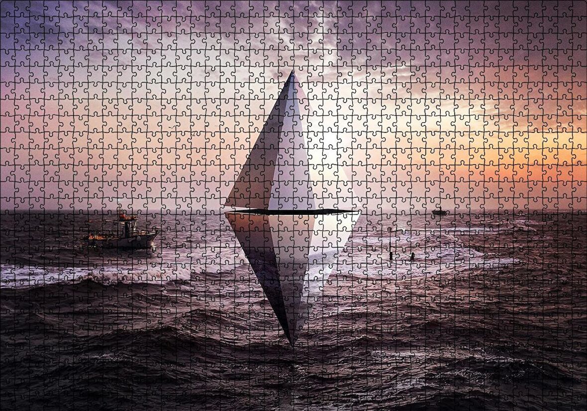 Cakapuzzle  Günbatımı Deniz Kristal Üçgen 3D Puzzle Yapboz MDF Ahşap