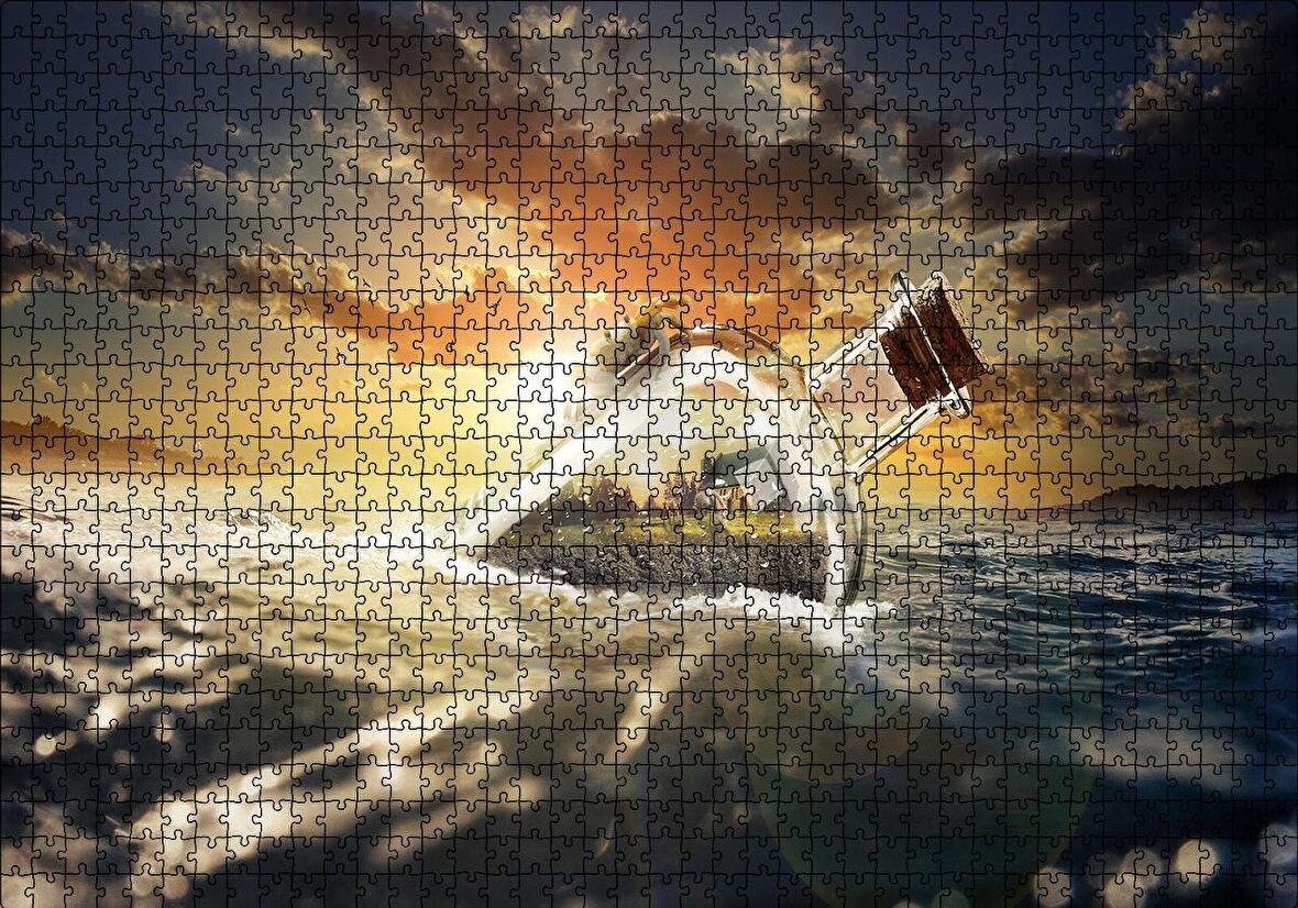 Cakapuzzle  Günbatımı Okyanus Şişe Yengeç ve Kumsal Evi Puzzle Yapboz MDF Ahşap