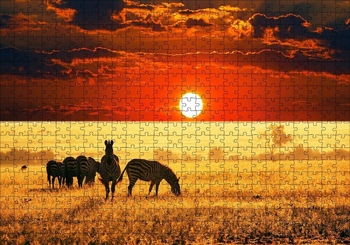 Cakapuzzle  Günbatımı Savana'da Zebralar Puzzle Yapboz MDF Ahşap