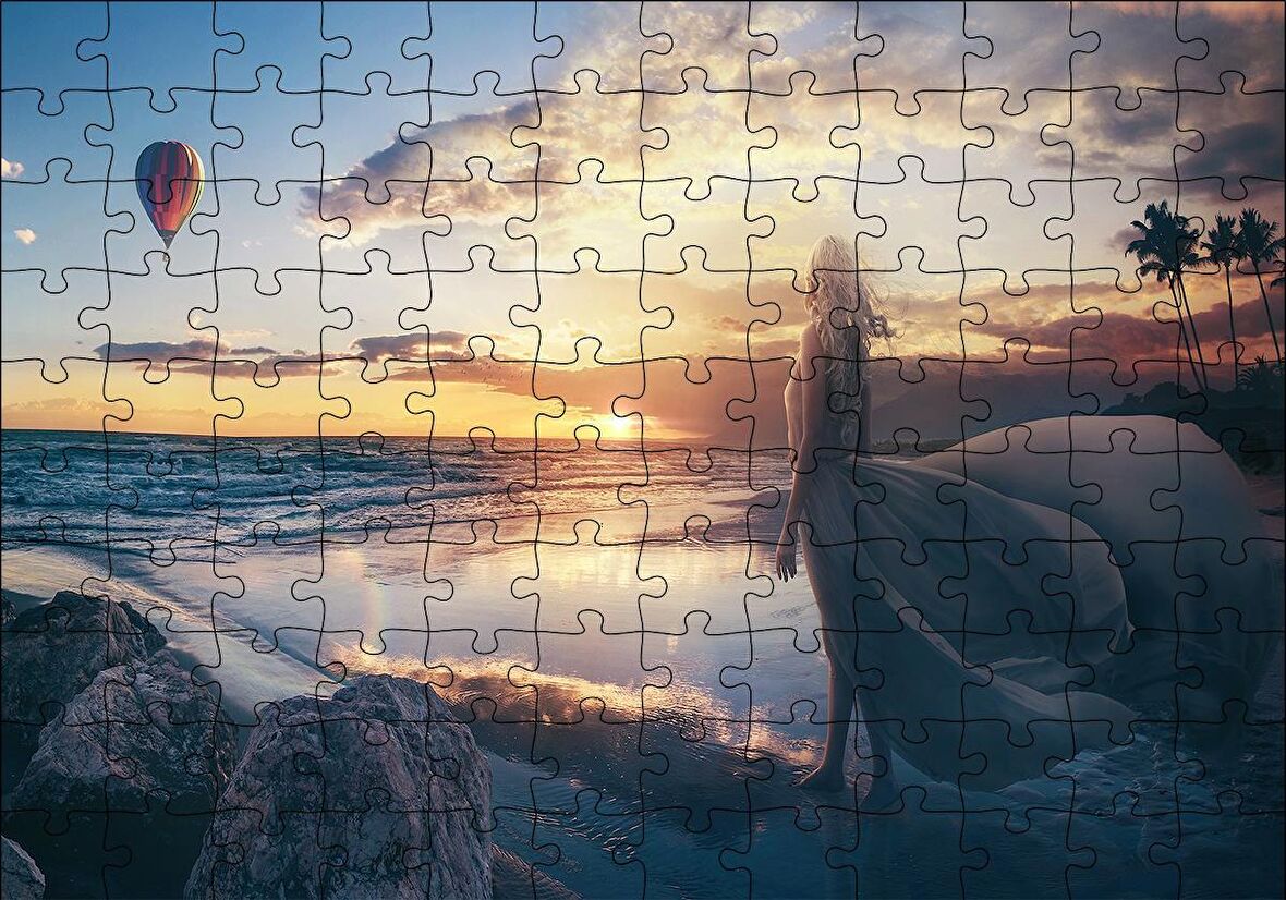Cakapuzzle  Günbatımı Sıcak Hava Balonu Sahil ve Kadın Puzzle Yapboz MDF Ahşap