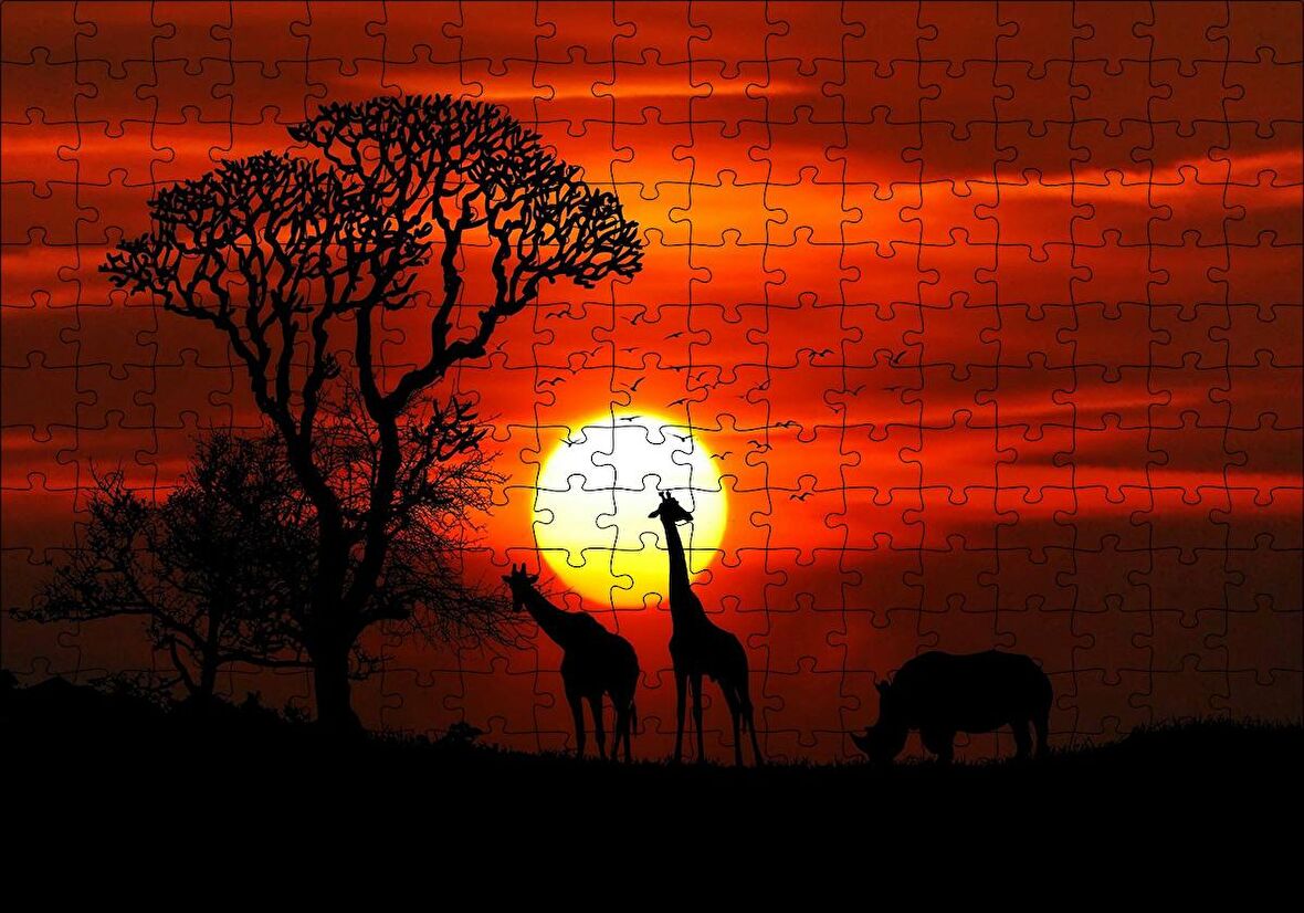 Cakapuzzle  Günbatımı Zürafalar ve Gergedan Silüetleri Puzzle Yapboz MDF Ahşap