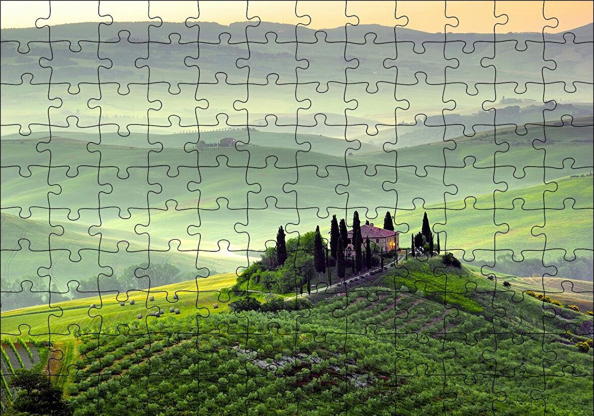Cakapuzzle  İtalya Toscano Tepedeki Ev ve Dağlar Puzzle Yapboz MDF Ahşap