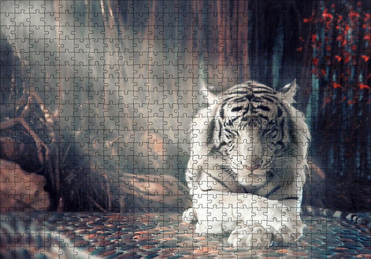 Cakapuzzle  Ormanda Uyuyan Beyaz Kaplan ve Güneş Işıkları Puzzle Yapboz MDF Ahşap