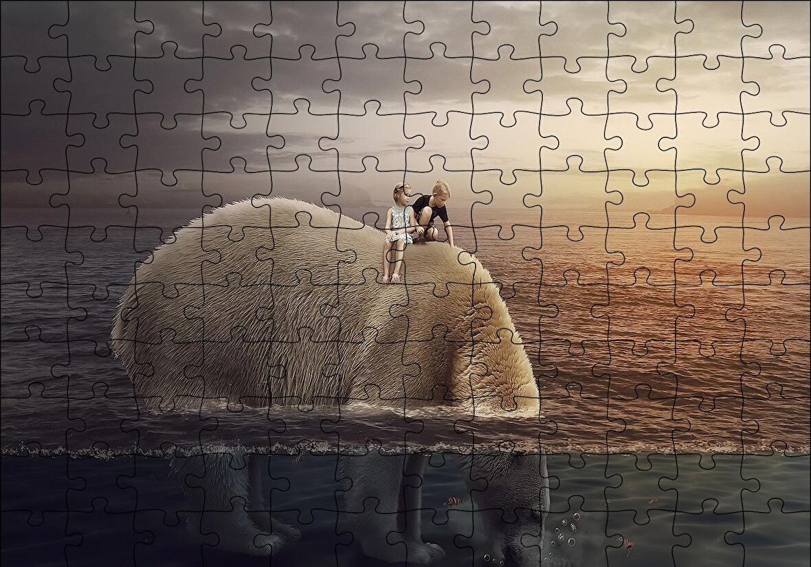 Cakapuzzle  Dev Kutup Ayısı ve Üzerinde Çocuklar İllüstrasyon Puzzle Yapboz MDF Ahşap