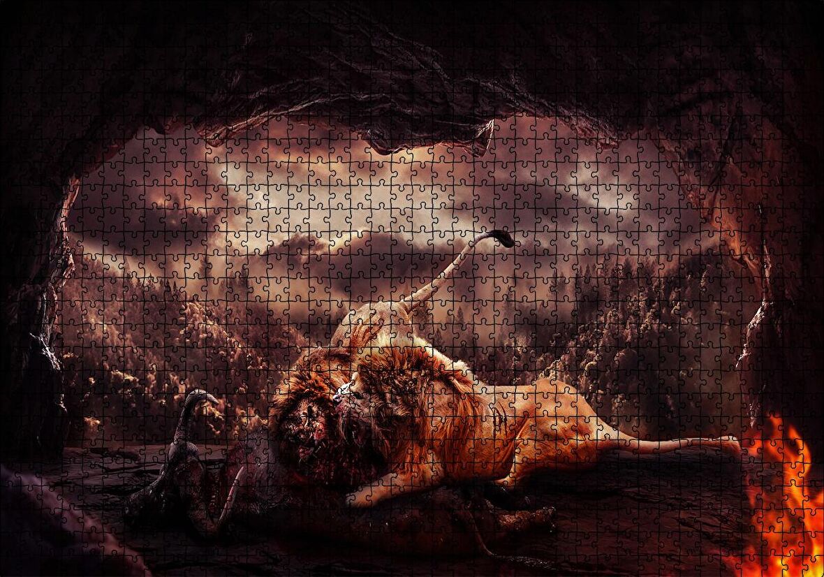 Cakapuzzle  Aslanların Mağarada Dövüşü Puzzle Yapboz MDF Ahşap
