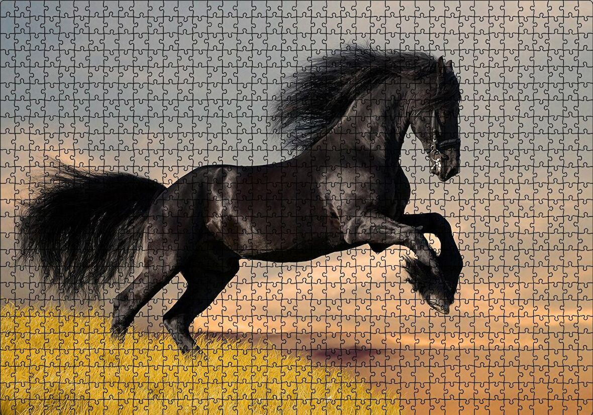 Cakapuzzle  Çayırda Koşan Vahşi Siyah At Puzzle Yapboz MDF Ahşap