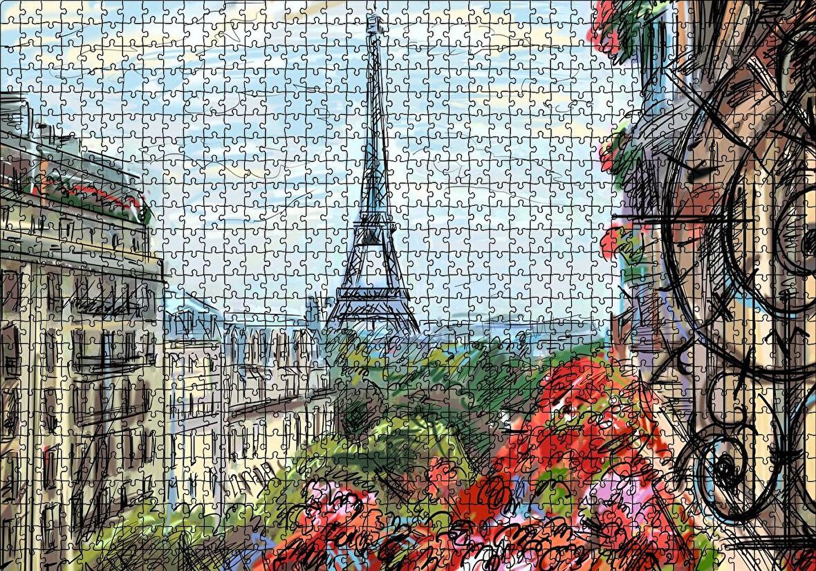 Cakapuzzle  Balkondan Paris Eyfel Manzarası Artwork Puzzle Yapboz MDF Ahşap