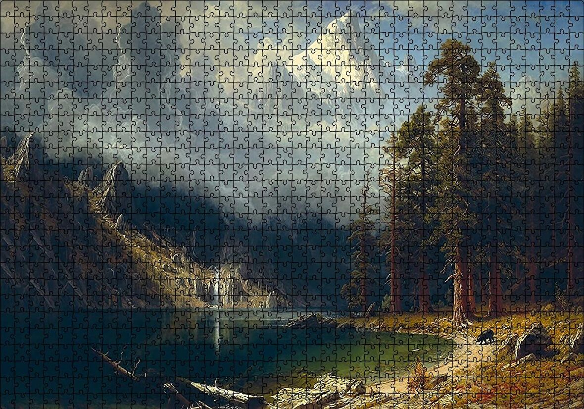 Cakapuzzle  Dağ Gölü, Orman ve Karlı Zirve Yağlı Boya Puzzle Yapboz MDF Ahşap