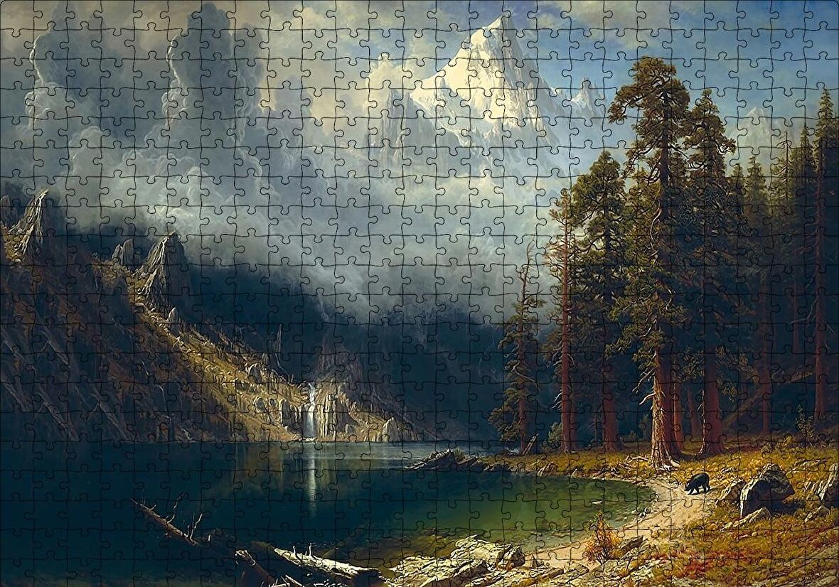 Cakapuzzle  Dağ Gölü, Orman ve Karlı Zirve Yağlı Boya Puzzle Yapboz MDF Ahşap