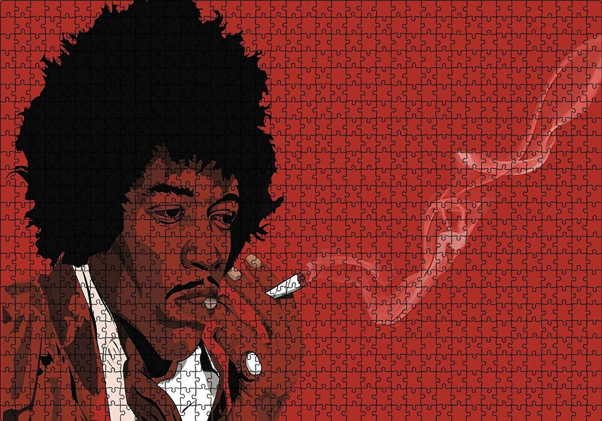 Cakapuzzle  Jimi Hendrix Sigara İçiyor Kırmızı Zemin Çizim Puzzle Yapboz MDF Ahşap